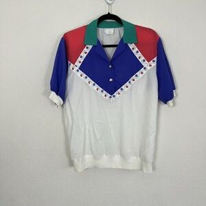 Vintage Reno 80s Colorblock Collar Short Sleeve Seashell Blouse Women’s Small